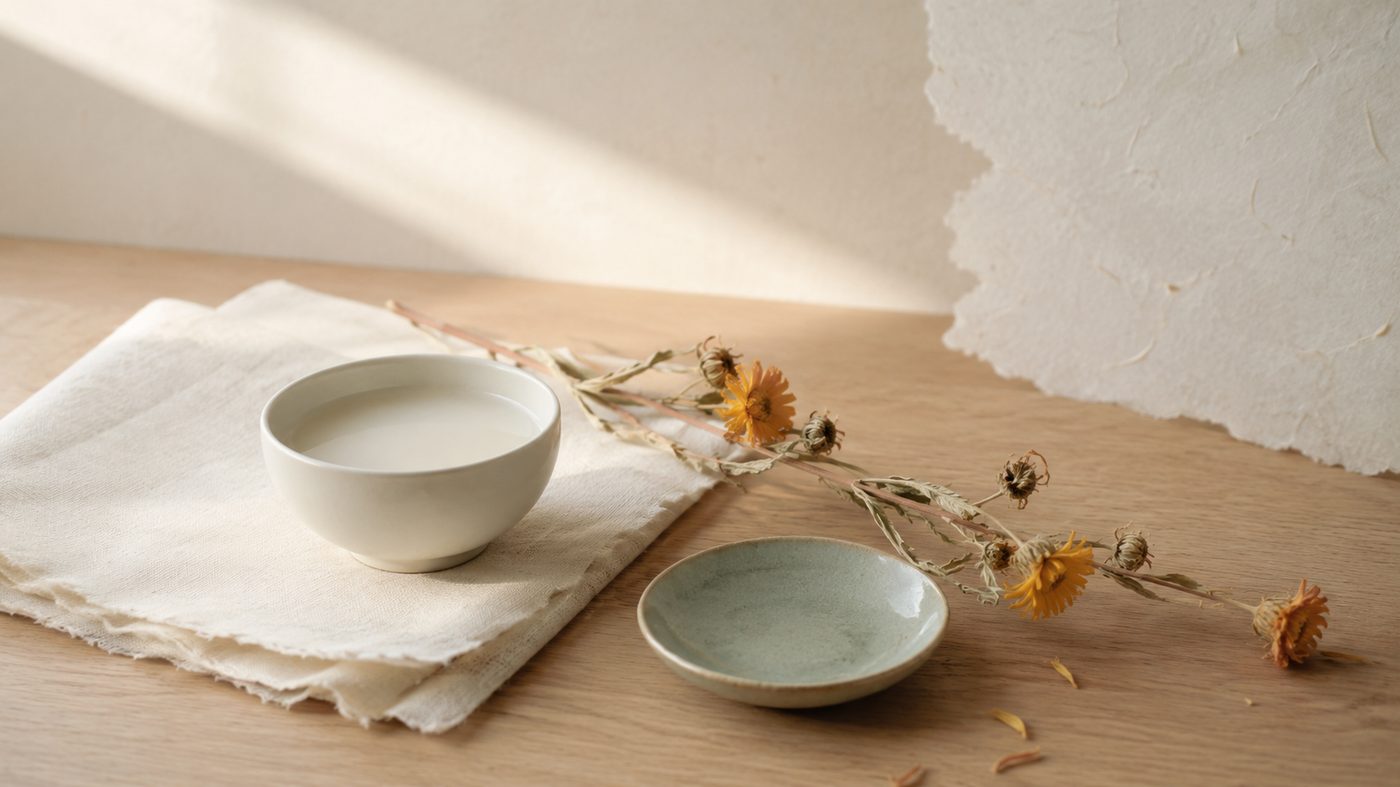 A small porcelain bowl of milky essence on unbleached cotton with a sage green dish and dried calendula.
