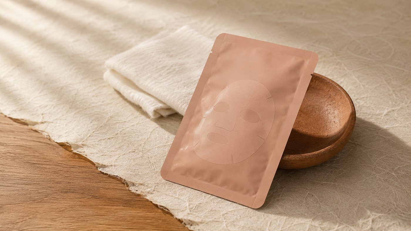 A single sealed foil sheet mask packet in dusty peach leaning against a terracotta ceramic dish.