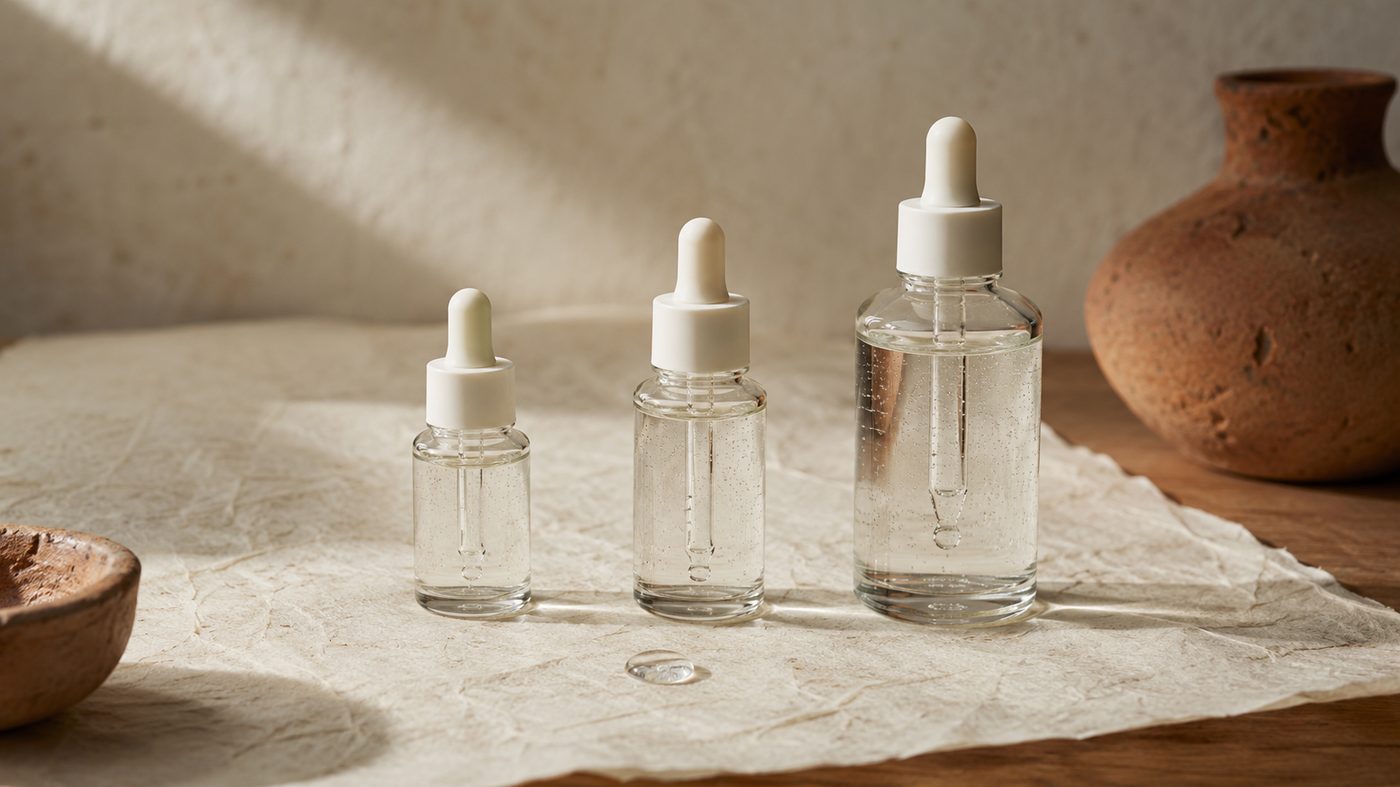 Three identical glass dropper bottles in progressively different sizes — small, medium, large — on hanji paper.