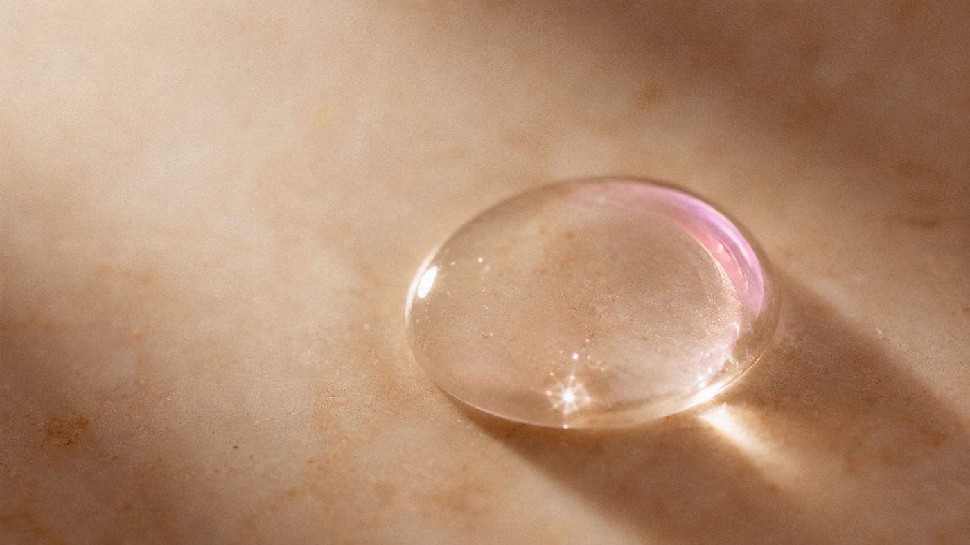 Extreme macro of a single clear serum droplet on warm cream marble with pink iridescence at one edge.