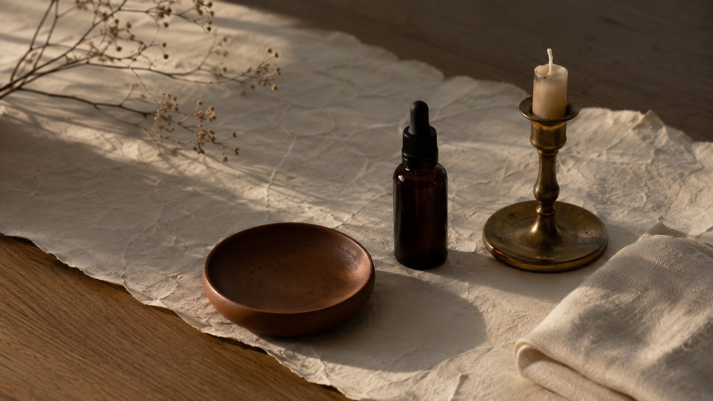 A terracotta ceramic dish, a deep amber dropper bottle, and an unlit brass candleholder in late-afternoon light.
