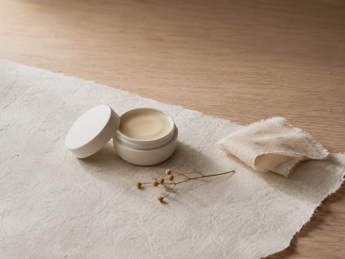 A matte white ceramic jar open to show a cream-colored balm, with dried chamomile and folded cotton.