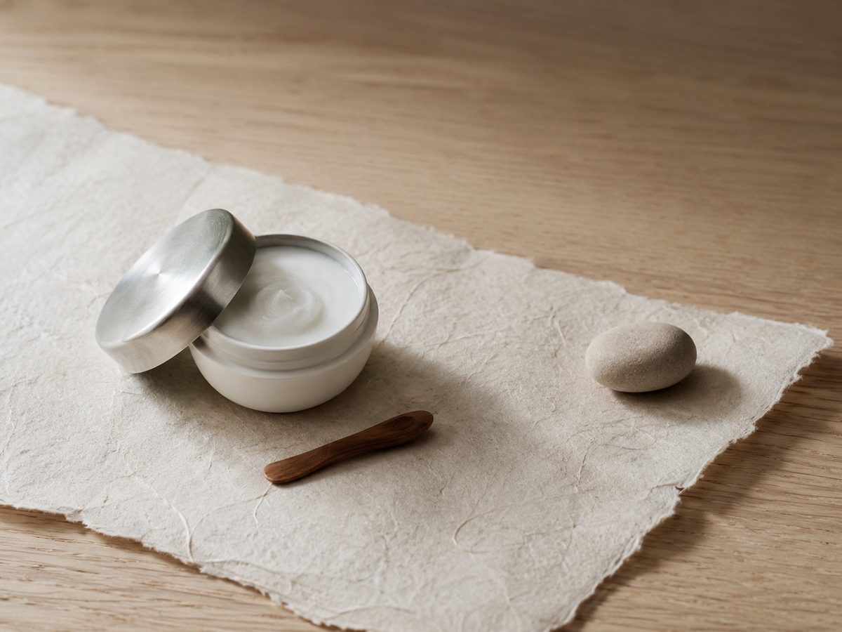 A small white porcelain jar of eye cream with brushed steel lid, on hanji paper over warm oak.