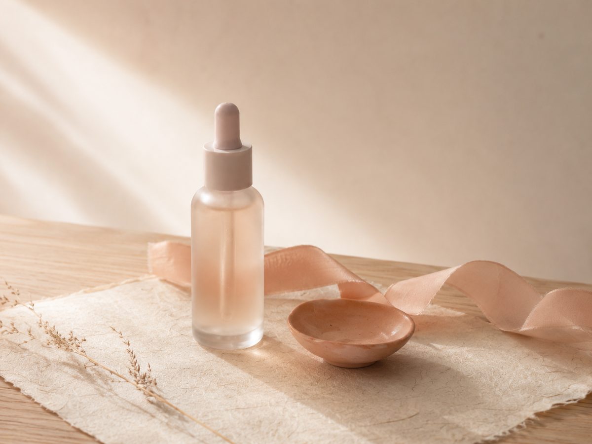 A frosted glass ampoule beside a salmon-pink ceramic dish and a soft pink silk ribbon.