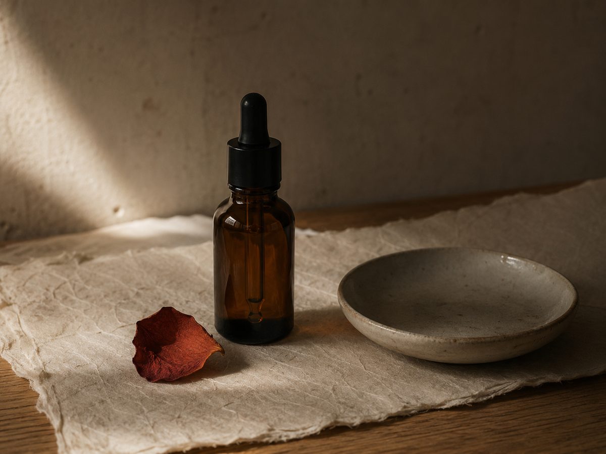 A deep amber serum dropper bottle with black cap in late-afternoon light beside a dried rose petal.