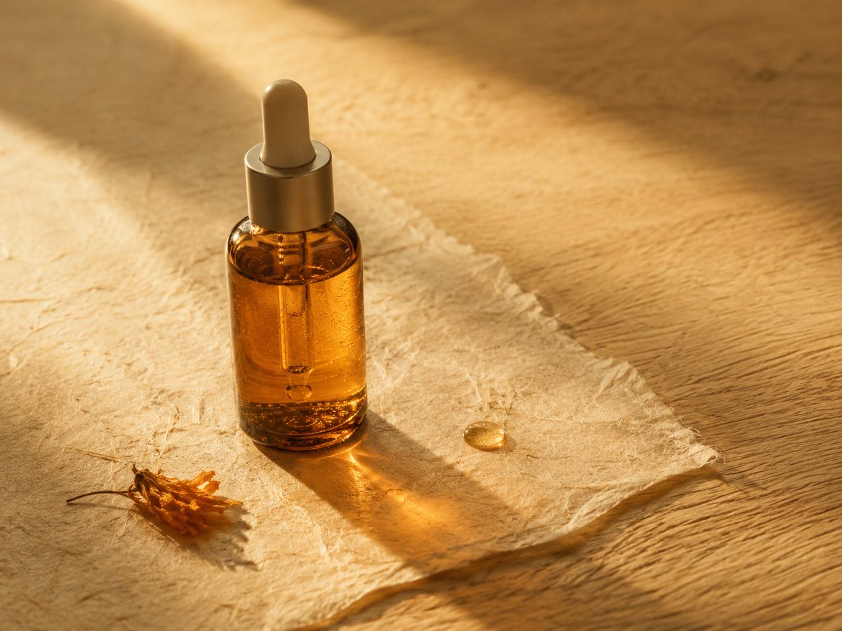 An amber-tinted glass dropper bottle in honey-gold light on hanji paper over warm oak.